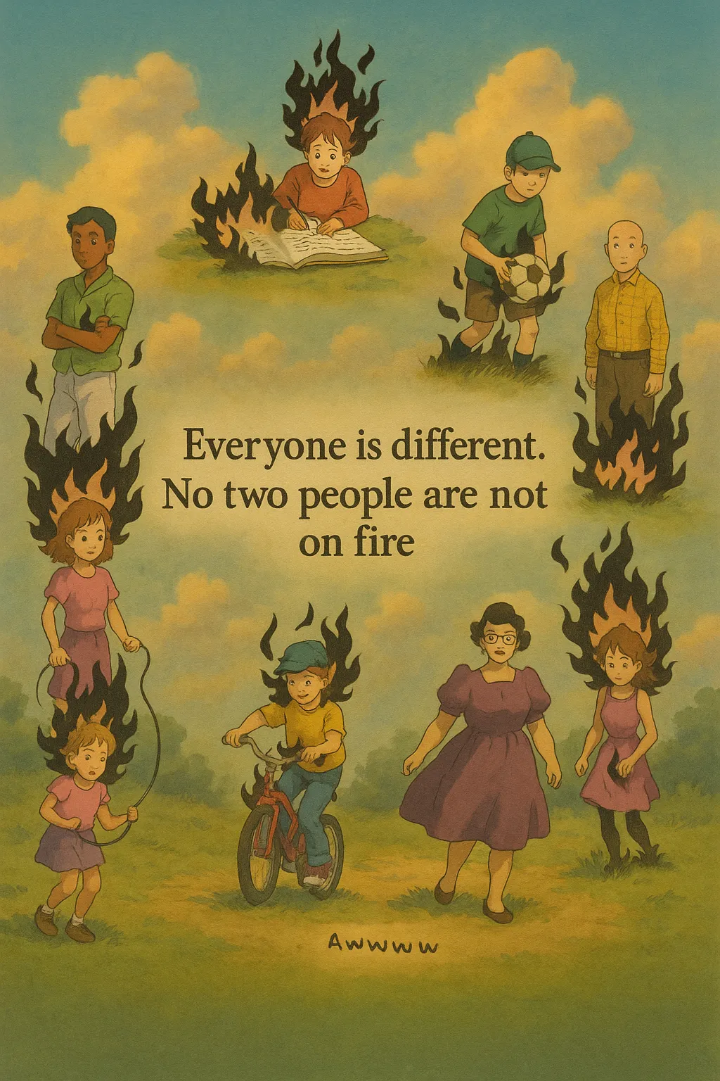 A page from a fake children's book that says, 'No two people are not on fire.'
