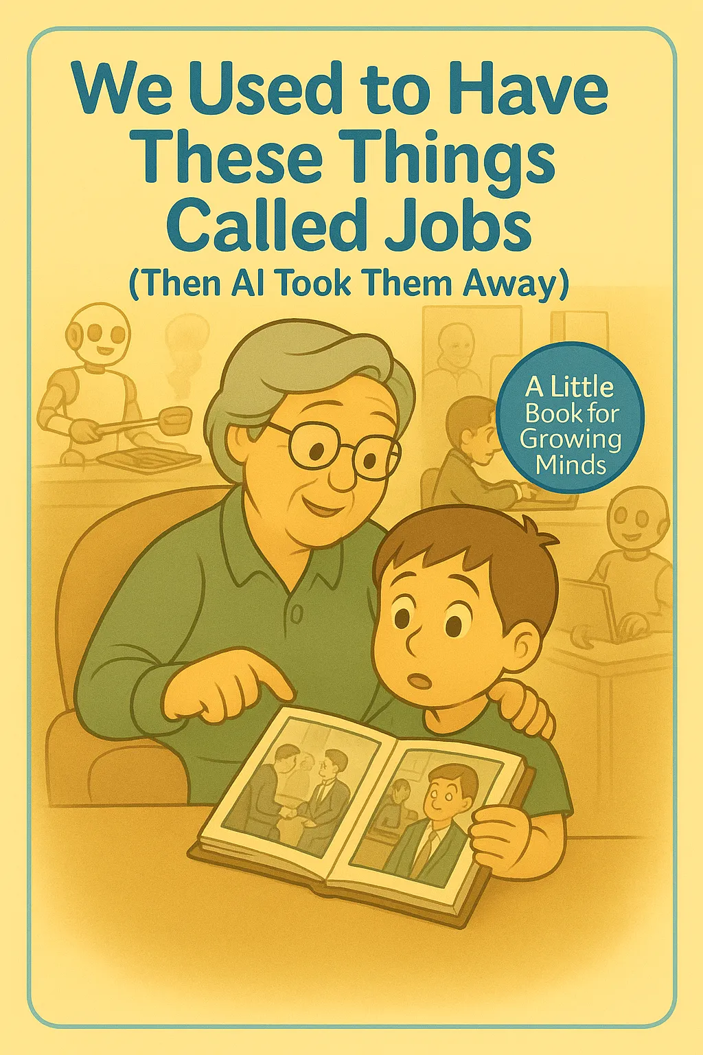 An image of a fake children's book with the title, 'We Used To Have These Things Called Jobs'